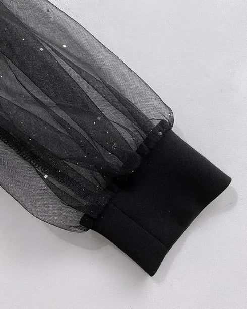 Glitter Sheer Mesh Spliced Overlap V-Neck Mesh Lantern Sleeve Mini Party Dress Ruched Zipper Back Slim Fit Evening Dress black