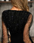 Glitter Sheer Mesh Spliced Overlap V-Neck Mesh Lantern Sleeve Mini Party Dress Ruched Zipper Back Slim Fit Evening Dress black