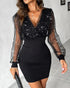 Glitter Sheer Mesh Spliced Overlap V-Neck Mesh Lantern Sleeve Mini Party Dress Ruched Zipper Back Slim Fit Evening Dress black