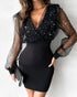 Glitter Sheer Mesh Spliced Overlap V-Neck Mesh Lantern Sleeve Mini Party Dress Ruched Zipper Back Slim Fit Evening Dress black