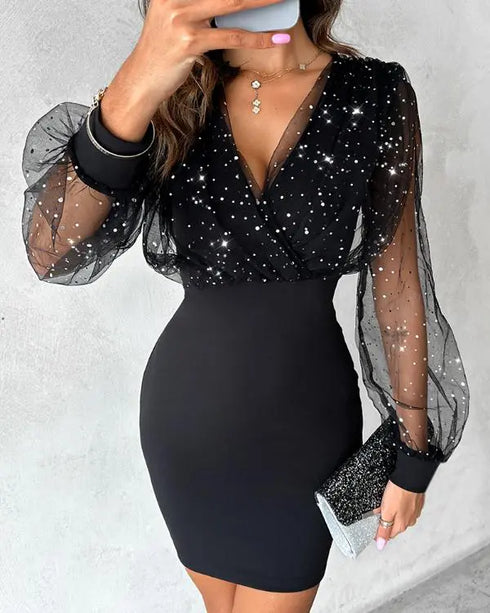 Glitter Sheer Mesh Spliced Overlap V-Neck Mesh Lantern Sleeve Mini Party Dress Ruched Zipper Back Slim Fit Evening Dress black