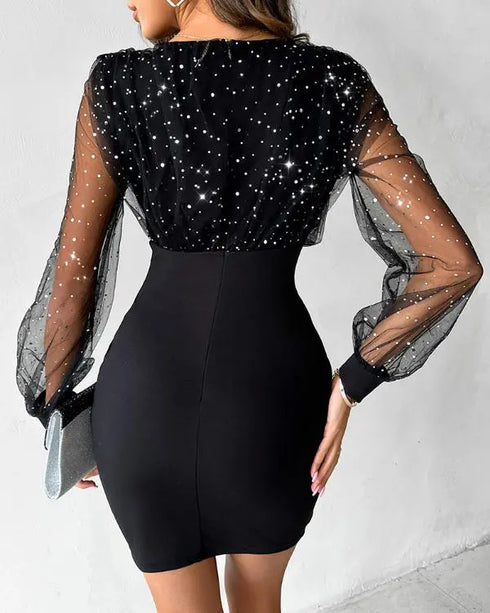 Glitter Sheer Mesh Spliced Overlap V-Neck Mesh Lantern Sleeve Mini Party Dress Ruched Zipper Back Slim Fit Evening Dress black