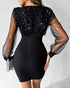 Glitter Sheer Mesh Spliced Overlap V-Neck Mesh Lantern Sleeve Mini Party Dress Ruched Zipper Back Slim Fit Evening Dress black
