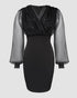 Glitter Sheer Mesh Spliced Overlap V-Neck Mesh Lantern Sleeve Mini Party Dress Ruched Zipper Back Slim Fit Evening Dress black