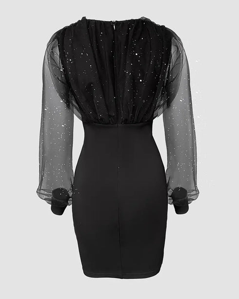 Glitter Sheer Mesh Spliced Overlap V-Neck Mesh Lantern Sleeve Mini Party Dress Ruched Zipper Back Slim Fit Evening Dress black