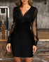 Glitter Sheer Mesh Spliced Overlap V-Neck Mesh Lantern Sleeve Mini Party Dress Ruched Zipper Back Slim Fit Evening Dress black
