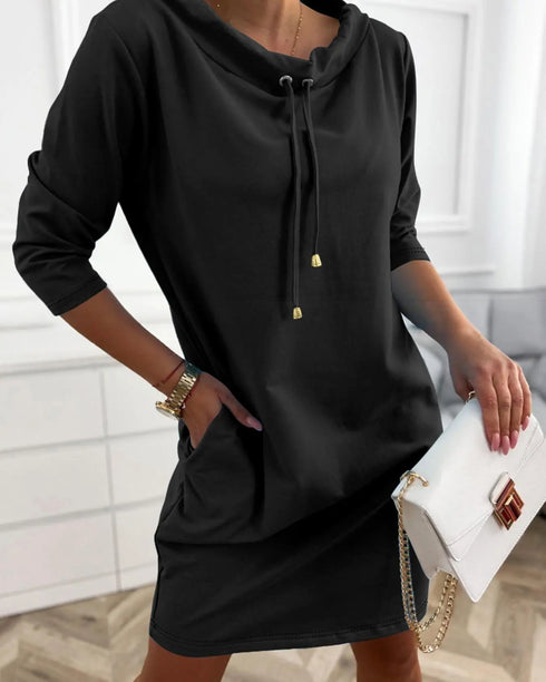 Stand Collar Drawstring Three Quarters Sleeve Casual Sweatshirt Dress black