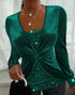 Contrast Sequin Twisted Velvet Top green