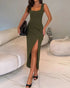 Sexy Square Neck Thick Strap Backless Slit Dress green