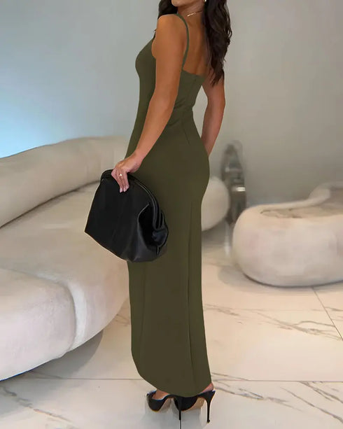 Sexy Square Neck Thick Strap Backless Slit Dress green