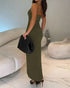 Sexy Square Neck Thick Strap Backless Slit Dress green