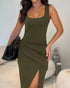 Sexy Square Neck Thick Strap Backless Slit Dress green