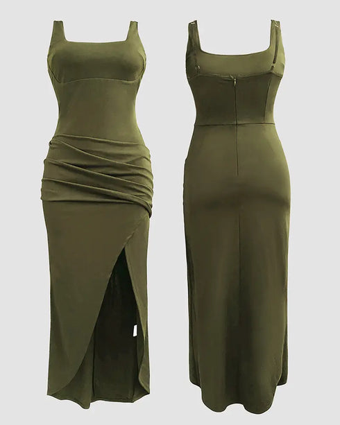 Sexy Square Neck Thick Strap Backless Slit Dress green