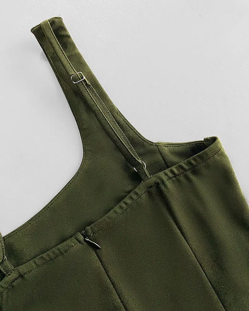 Sexy Square Neck Thick Strap Backless Slit Dress green