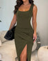 Sexy Square Neck Thick Strap Backless Slit Dress green