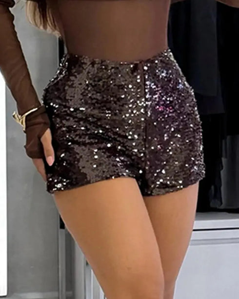 Allover Sequin Solid Zipper Side Fashion Versatile Shorts brown