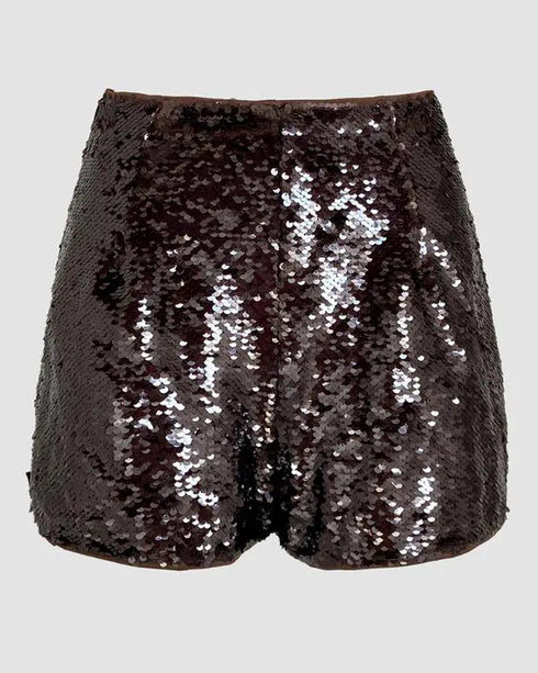 Allover Sequin Solid Zipper Side Fashion Versatile Shorts brown