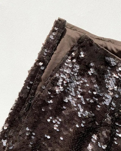 Allover Sequin Solid Zipper Side Fashion Versatile Shorts brown