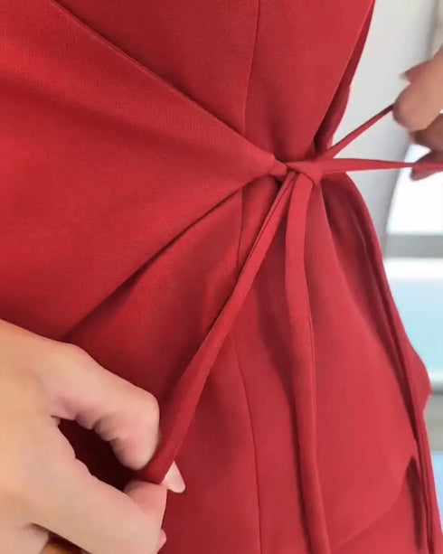 2 Pieces Outfit Plunge V Neck Waist Lace Up Vest and Casual High Waist Straight Pants Set red