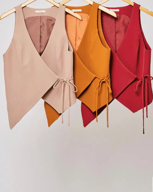 2 Pieces Outfit Plunge V Neck Waist Lace Up Vest and Casual High Waist Straight Pants Set red