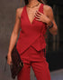 2 Pieces Outfit Plunge V Neck Waist Lace Up Vest and Casual High Waist Straight Pants Set red