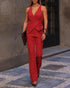 2 Pieces Outfit Plunge V Neck Waist Lace Up Vest and Casual High Waist Straight Pants Set red