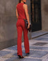 2 Pieces Outfit Plunge V Neck Waist Lace Up Vest and Casual High Waist Straight Pants Set red