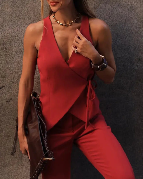 2 Pieces Outfit Plunge V Neck Waist Lace Up Vest and Casual High Waist Straight Pants Set red