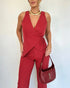 2 Pieces Outfit Plunge V Neck Waist Lace Up Vest and Casual High Waist Straight Pants Set red