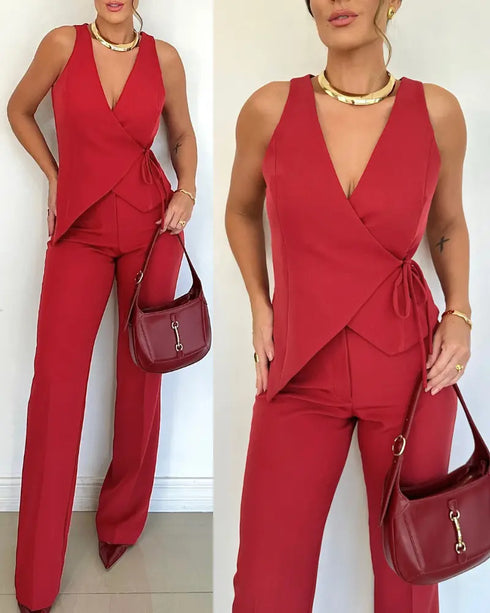 2 Pieces Outfit Plunge V Neck Waist Lace Up Vest and Casual High Waist Straight Pants Set red