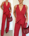 2 Pieces Outfit Plunge V Neck Waist Lace Up Vest and Casual High Waist Straight Pants Set red