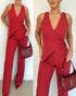 2 Pieces Outfit Plunge V Neck Waist Lace Up Vest and Casual High Waist Straight Pants Set red