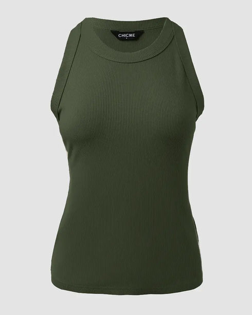 O-Neck Sleeveless Basic Slim Fit Skinny Tank Casual Top(Without Pads) Army green