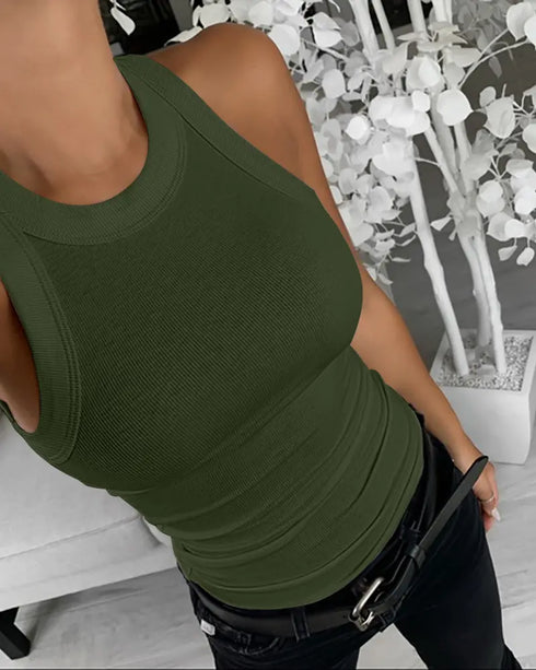 O-Neck Sleeveless Basic Slim Fit Skinny Tank Casual Top(Without Pads) Army green