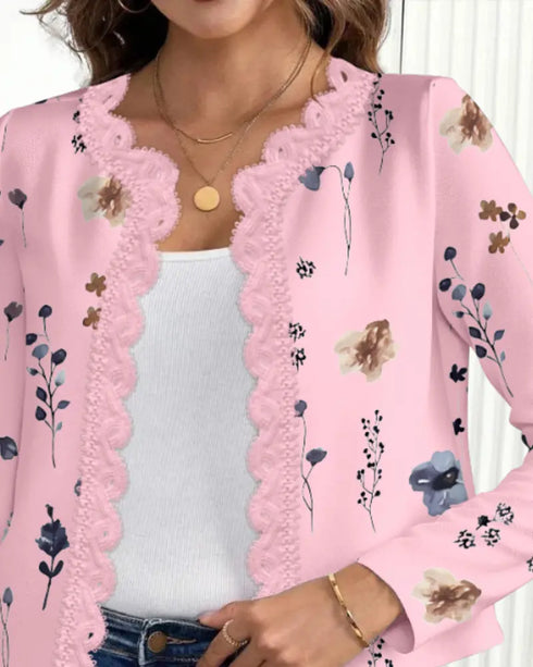 Floral Print Open Front Long Sleeve Casual Contrast Lace Short Cardigan light pink