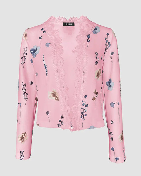 Jacquard Contrast Lace Scallop Trim Open Front Coat Casual Breathable Crop Cardigan light pink