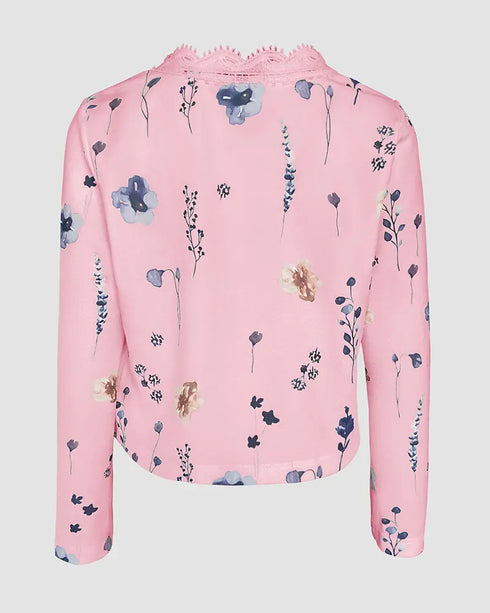 Jacquard Contrast Lace Scallop Trim Open Front Coat Casual Breathable Crop Cardigan light pink