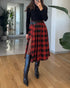 Plaid Print High Waist Side Slit Mid-length Skirt Casual Double Buckle A Line Pleated Skirt red