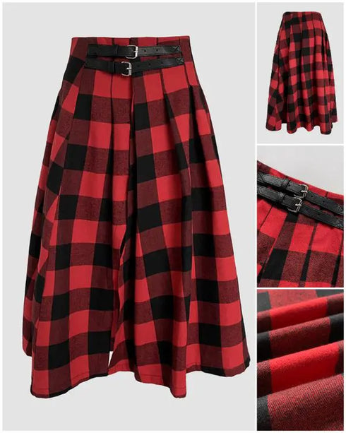 Plaid Print High Waist Side Slit Mid-length Skirt Casual Double Buckle A Line Pleated Skirt red