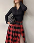 Plaid Print High Waist Side Slit Mid-length Skirt Casual Double Buckle A Line Pleated Skirt red