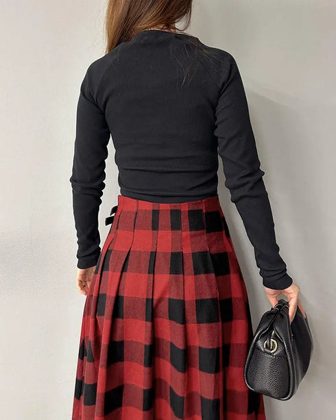 Plaid Print High Waist Side Slit Mid-length Skirt Casual Double Buckle A Line Pleated Skirt red