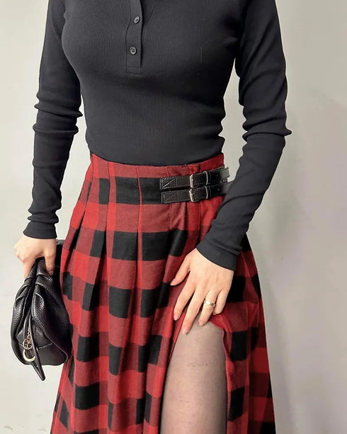 Plaid Print High Waist Side Slit Mid-length Skirt Casual Double Buckle A Line Pleated Skirt red