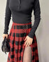 Plaid Print High Waist Side Slit Mid-length Skirt Casual Double Buckle A Line Pleated Skirt red
