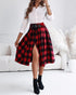 Plaid Print High Waist Side Slit Mid-length Skirt Casual Double Buckle A Line Pleated Skirt red