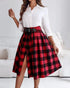 Plaid Print High Waist Side Slit Mid-length Skirt Casual Double Buckle A Line Pleated Skirt red