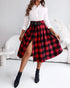 Plaid Print High Waist Side Slit Mid-length Skirt Casual Double Buckle A Line Pleated Skirt red