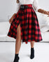 Plaid Print High Waist Side Slit Mid-length Skirt Casual Double Buckle A Line Pleated Skirt red