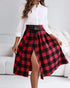 Plaid Print High Waist Side Slit Mid-length Skirt Casual Double Buckle A Line Pleated Skirt red