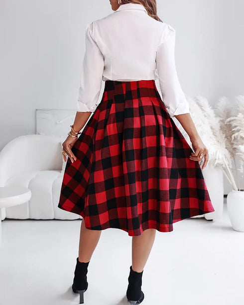 Plaid Print High Waist Side Slit Mid-length Skirt Casual Double Buckle A Line Pleated Skirt red