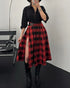 Plaid Print High Waist Side Slit Mid-length Skirt Casual Double Buckle A Line Pleated Skirt red